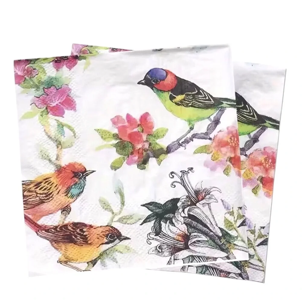 Set of Two (2) INDIVIDUAL Birds on Floral Branches Cocktail Size Napkins